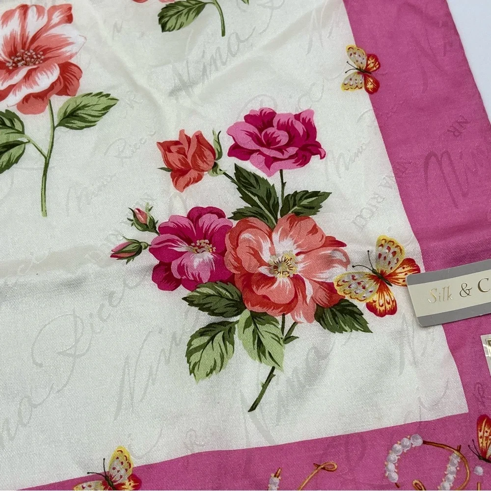 Nina Ricci Floral Silk Scarf – Pink Butterfly Print Square NWT